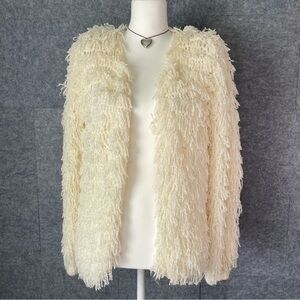 Vintage Sideffects Elegant Cream Fringe Textured Teddy Jacket